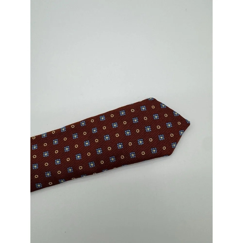 Barneys‎ New York Silk Tie Red Geometric Pattern Blue Gold Squares Made in Italy